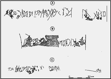 ÍRÁSTÖRTÉNET. MAGYAR NYELVEMLÉKEK (I/10/c.) Z á h o n y i A n d r á s ( B u d a p e s t ) : A székelydályai református templom rovásfelirata (Daia, Hargita megye, 13-14. sz.) A falba karcolt, a későbbi meszelés alól előkerült nagyméretű (kb.