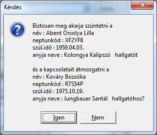 9.3. Hagyományos egyén összevonás Hallgatók (5400) menüponton található Hallgatók összevonása gomb segítségével a rendszerben szereplő duplikációk szüntethetőek meg.