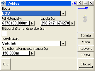 A Paraméterek beírása gomb van bejelölve. Kattintsunk erre a sorra: Megjelennek a transzformációs beállítások. Vetítés: EOV, Dátum transzformáció: Hét paraméter.