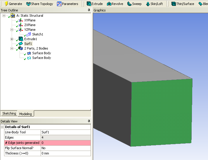 Vátsunk át Sketcing-ből Modeling-be. Forgassuk térbe a vázlatot, és az Extrude paranccsal ' húzzuk ki az yz síkból, mint felület l1 999 mm hosszon.