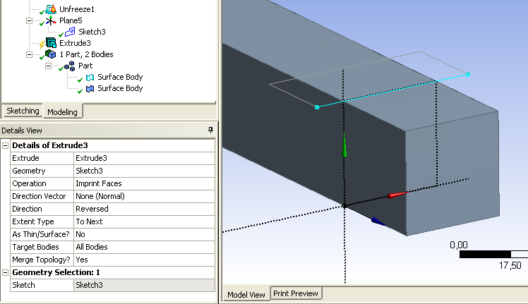 Kattintsunk át a Modeling fülre, és az Extrude paranccsal húzzuk ki az új vázlatot. Állítsuk be az illusztrációban látható jellemzőket a Details View ablakban.