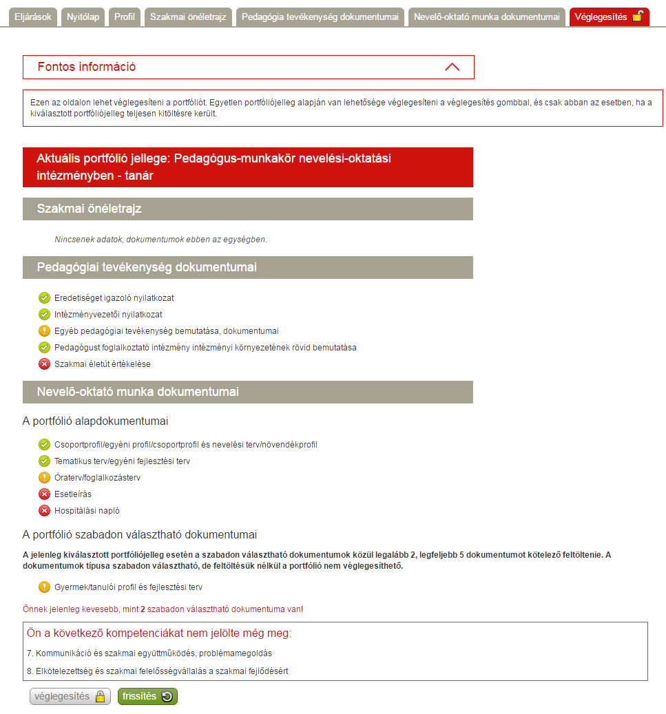 Az Információs rész az oldalra vonatkozó fontos információt jelenít meg, ez a rész a jobb oldalon található nyíllal összecsukható.