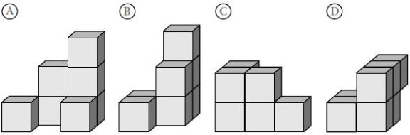 Háromszögek, Négyszögek, Sokszögek 31. Jancsika 7 építőkockából álló alakzatokat épít. Az alábbi alakzatok közül melyik az, amelyiket BIZTOSAN NEM tud megépíteni (a kockákat nem ragaszthatja össze)?