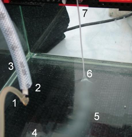 35. ábra: Fonal előállítása folyadékfürdős módszerrel 1: oldat bevezető, 2: nagyfeszültségű elektróda, 3: elektromos szigetelés, 4: földelt elektróda a vízfürdőben, 5: fürdő felszínén úszó