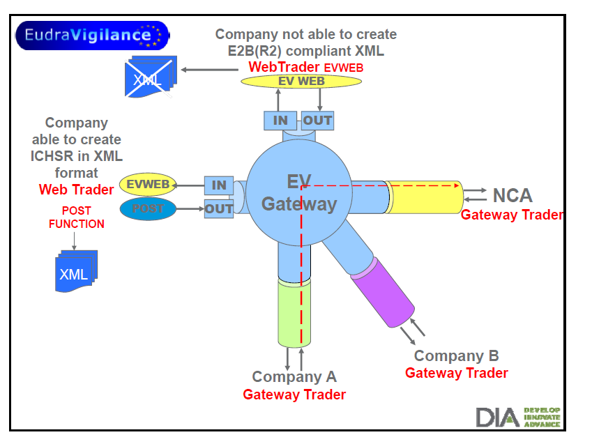 A cég nem tud E2B(R2)-nek megfelelő XML üzenetet létrehozni A cég létre tud hozni E2B(R2) szerinti ICSR-t XML formátumban Nemzeti hatóság A vállalat B vállalat Forrás: DIA EudraVigilance User