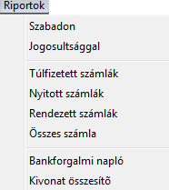 1. Bevezetés 1. ábra A Bankkivonatok feldolgozása modul feladata a cég bankszámláival kapcsolatos tevékenységek kezelése. 2. A Banki kivonatok karbantartása ablak menüpontjai 2.1. Riportok 2.