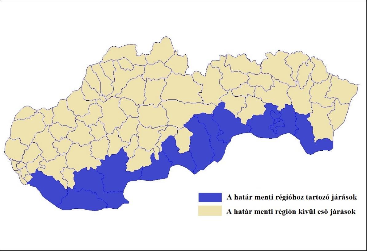 1. ábra: A határ menti régió szlovák szakaszához tartozó járások Forrás: Saját szerkesztés a Wikimedia Commons térképét felhasználva