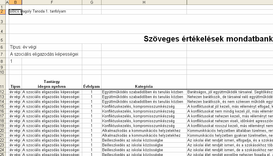 A mondatbank elemeinek megtekintése 5. Indítsa el a Nevelés-oktatás - Tervezés menü Szöveges értékelés mondatbank parancsával a Szöveges értékelés mondatbank táblázatot.