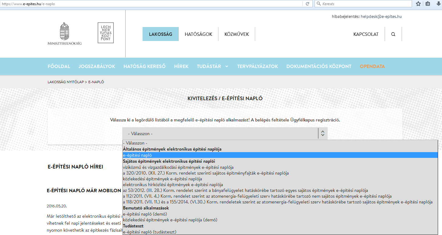 hu LAKOSSÁG oldalon az E-ÉPÍTÉSI NAPLÓ gombra kattintva a legördülő menüből