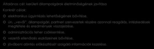 2016. év innovációs projektje Általános cél: kerületi állampolgárok életminőségének javítása Konkrét célok: elektronikus ügyintézés lehetőségének bővítése, ún.