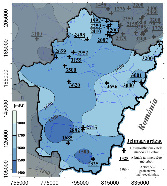 A hasznosíthatónak ítélt medd CH-kutak a 90 Celsius fokos