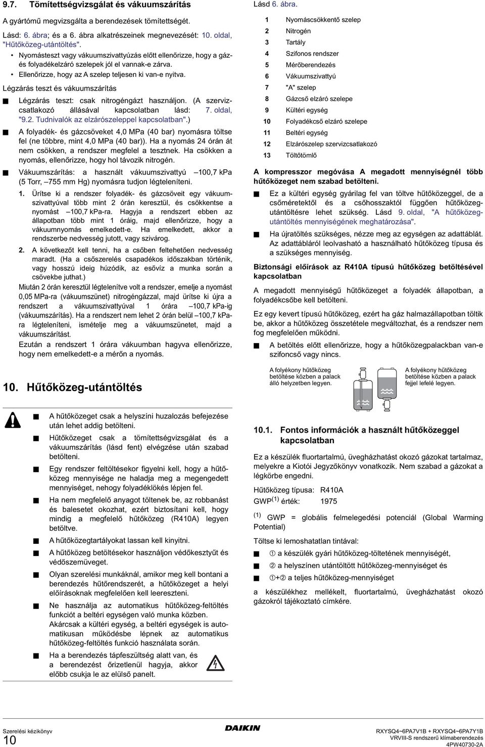 Légzárás teszt és vákuumszárítás Légzárás teszt: csak nitrogéngázt használjon. ( szervizcsatlakozó állásával kapcsolatban lásd: 7. oldal, "9.. Tudnivalók az elzárószeleppel kapcsolatban".