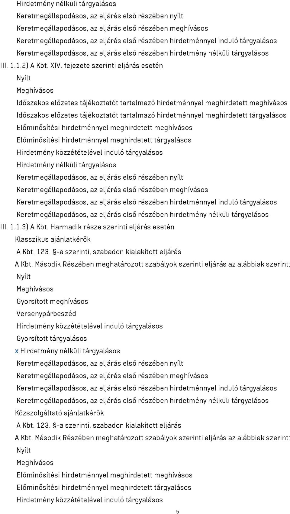 tárgyalásos Előminősítési hirdetménnyel meghirdetett meghívásos Előminősítési hirdetménnyel meghirdetett tárgyalásos Hirdetmény nélküli tárgyalásos III. 1.1.3) A Kbt.