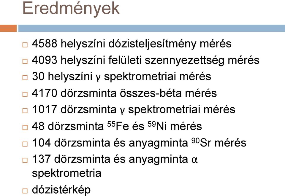 összes-béta mérés 1017 dörzsminta γ spektrometriai mérés 48 dörzsminta 55 Fe és 59