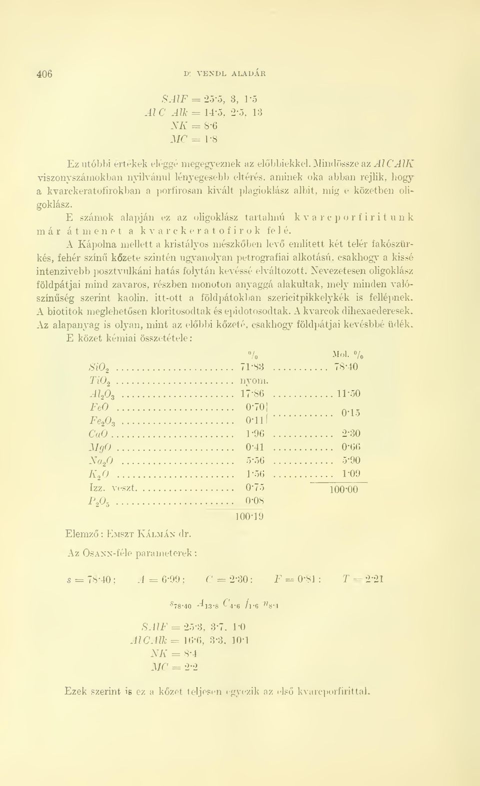 E számok alapján ez az oligoklász tartalmú k v a r c p o r f i r i t u n k már átmenet a kvarckeratofirok felé.