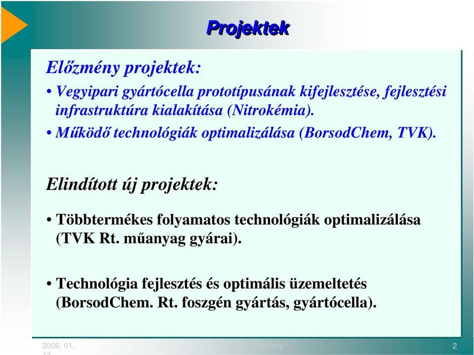 Elindított új projektek: Többtermékes folyamatos technológiák optimalizálása (TVK Rt. manyag gyárai).