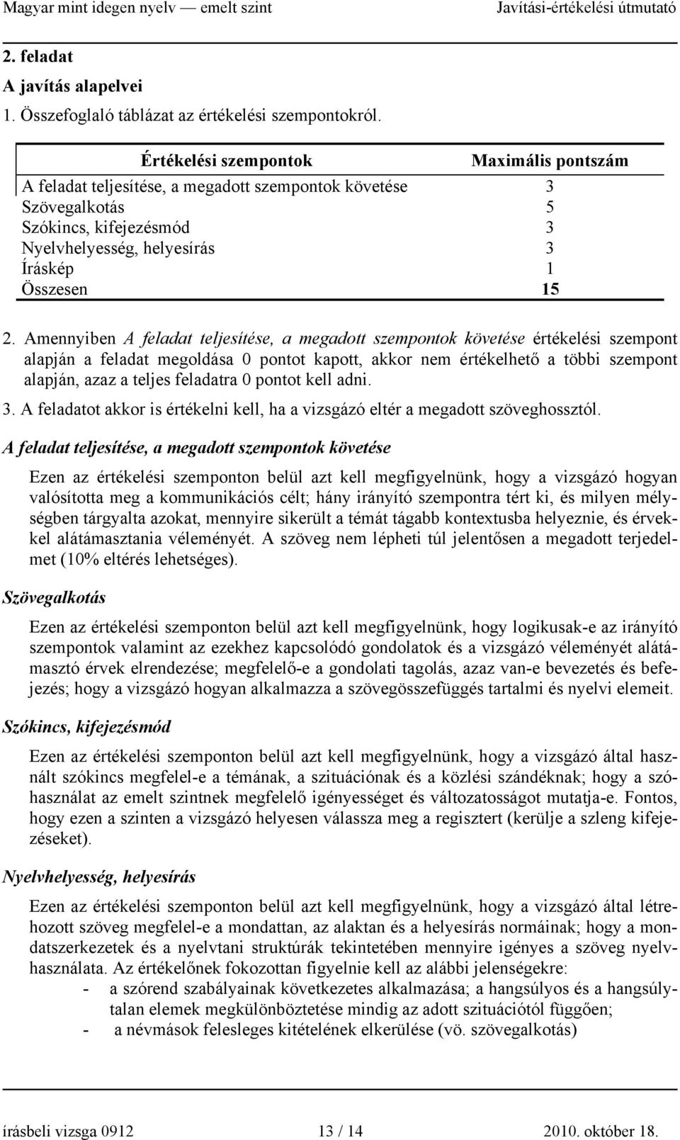 Amennyiben A feladat teljesítése, a megadott szempontok követése értékelési szempont alapján a feladat megoldása 0 pontot kapott, akkor nem értékelhető a többi szempont alapján, azaz a teljes