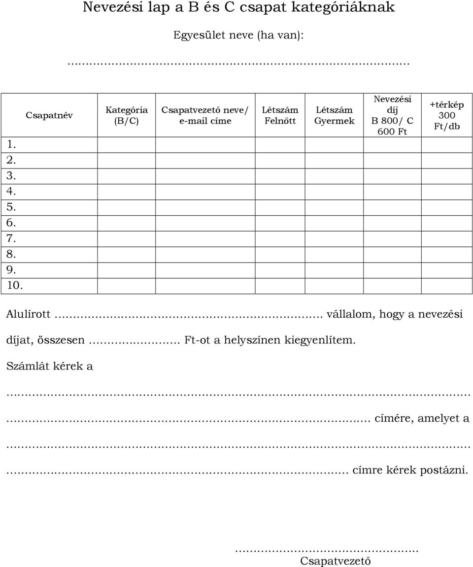 díj B 800/ C 600 Ft +térkép 300 Ft/db Alulírott. vállalom, hogy a nevezési díjat, összesen.