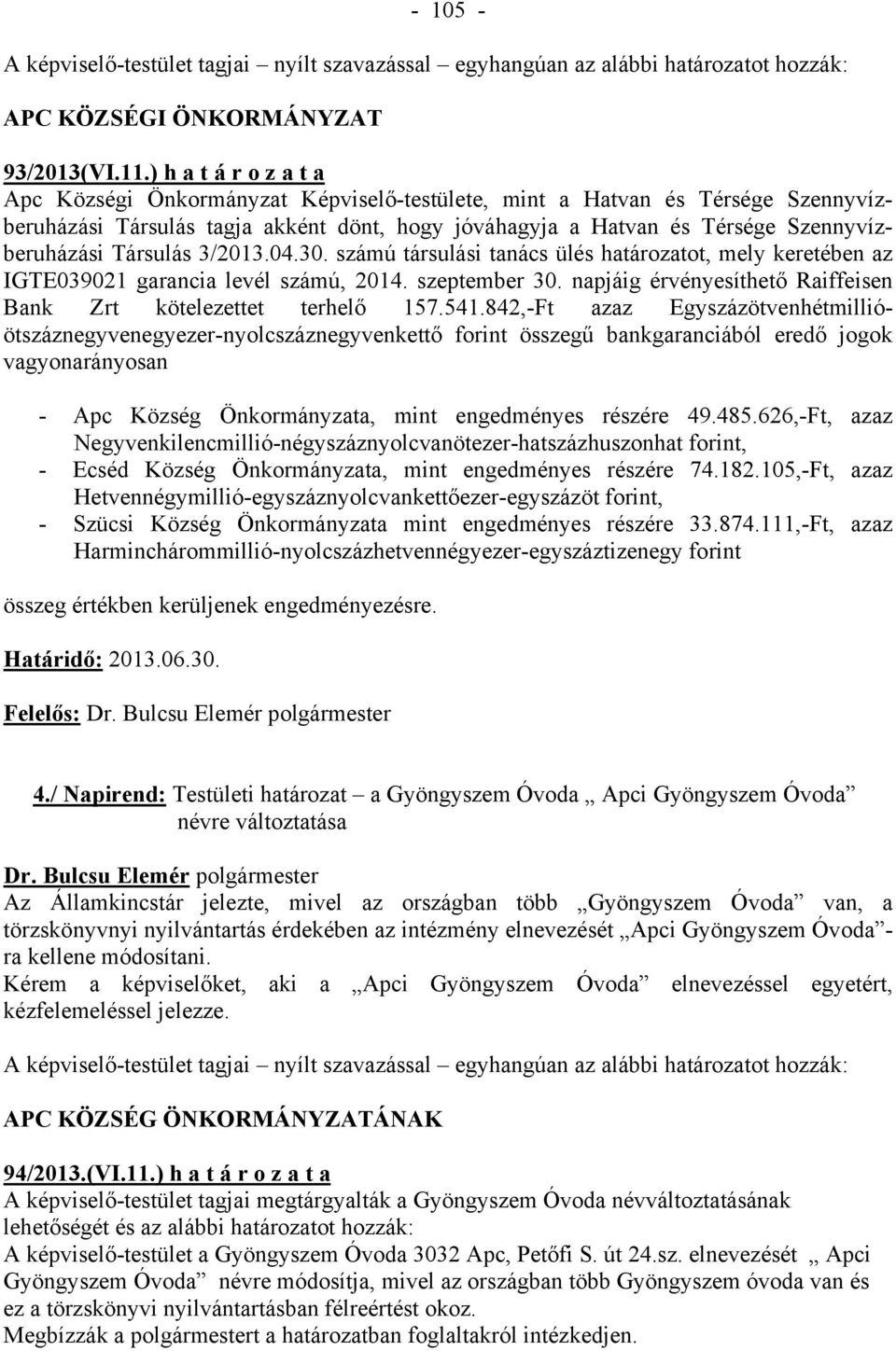 Társulás 3/2013.04.30. számú társulási tanács ülés határozatot, mely keretében az IGTE039021 garancia levél számú, 2014. szeptember 30.