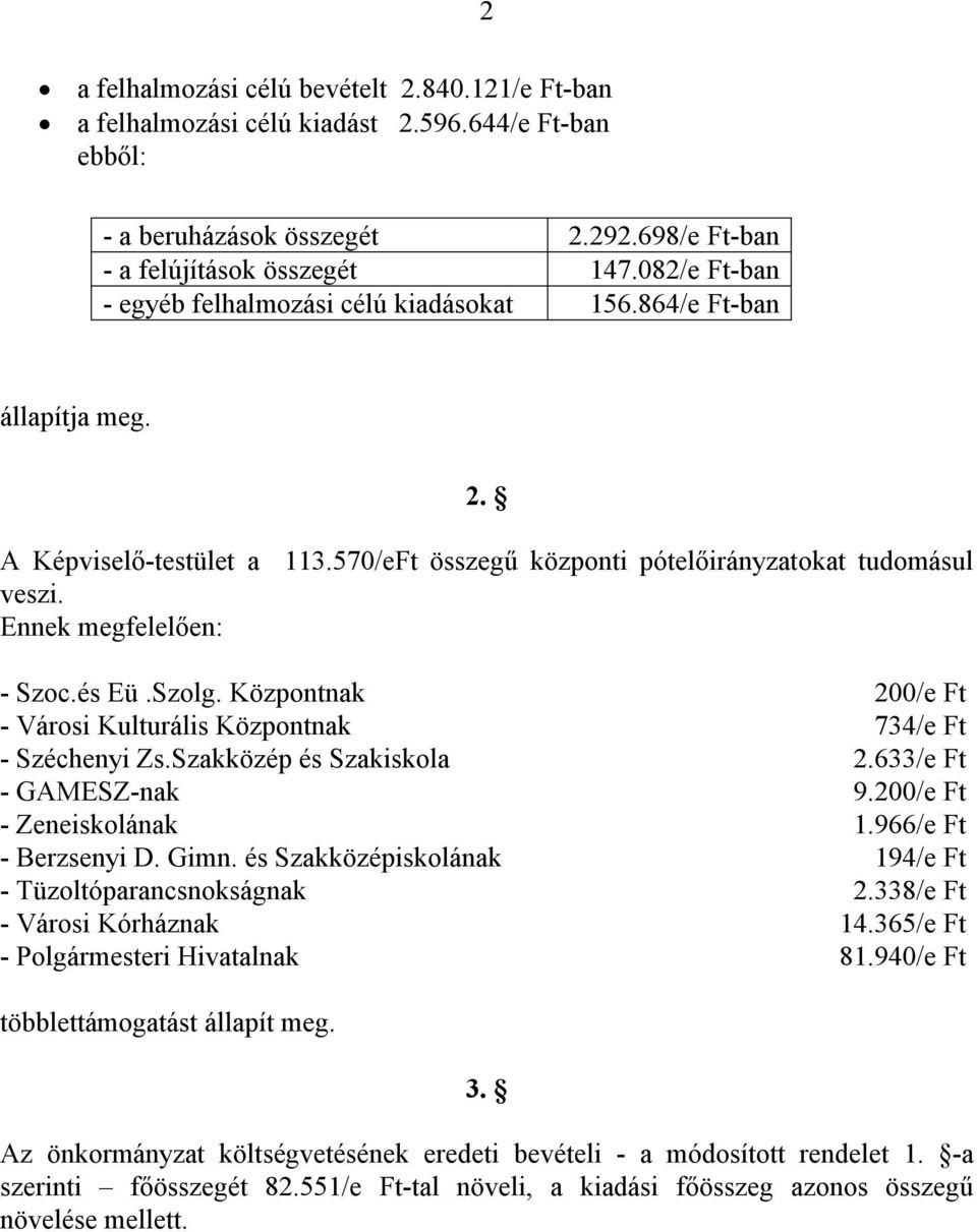 és Eü.Szolg. Központnak 200/e Ft - Városi Kulturális Központnak 734/e Ft - Széchenyi Zs.Szakközép és Szakiskola 2.633/e Ft - GAMESZ-nak 9.200/e Ft - Zeneiskolának 1.966/e Ft - Berzsenyi D. Gimn.