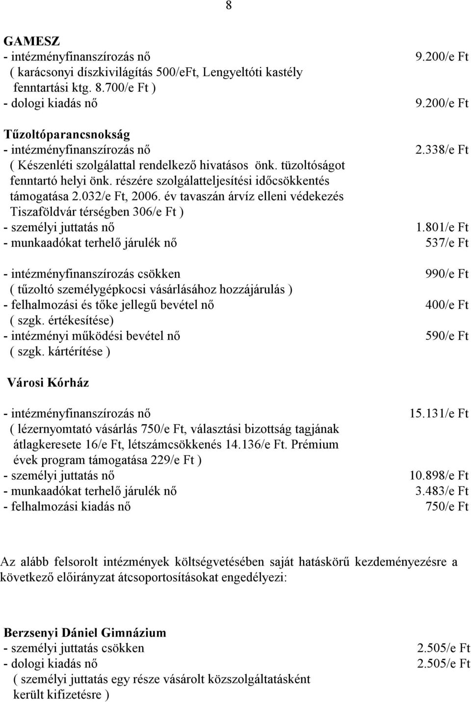 év tavaszán árvíz elleni védekezés Tiszaföldvár térségben 306/e Ft ) - személyi juttatás nő 1.