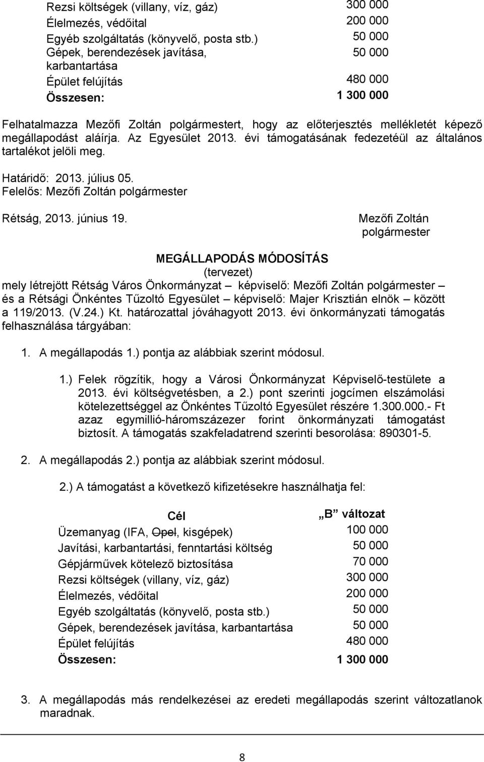 megállapodást aláírja. Az Egyesület 2013. évi támogatásának fedezetéül az általános tartalékot jelöli meg. Határidő: 2013. július 05. Felelős: Mezőfi Zoltán polgármester Rétság, 2013. június 19.