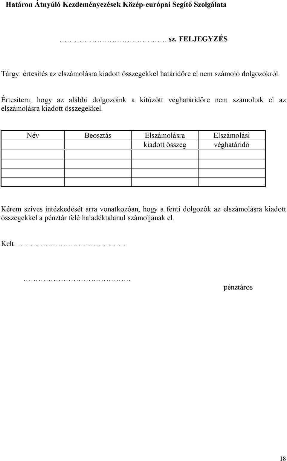 Értesítem, hogy az alábbi dolgozóink a kitűzött véghatáridőre nem számoltak el az elszámolásra kiadott összegekkel.