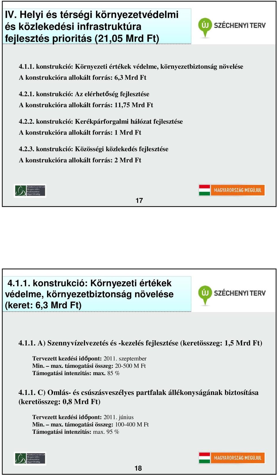 2.2. konstrukció: Kerékpárforgalmi hálózat fejlesztése A konstrukcióra allokált forrás: 1 Mrd Ft 4.2.3. konstrukció: Közösségi közlekedés fejlesztése A konstrukcióra allokált forrás: 2 Mrd Ft 17 4.1.1. konstrukció: Környezeti értékek védelme, környezetbiztonság növelése (keret: 6,3 Mrd Ft) 4.