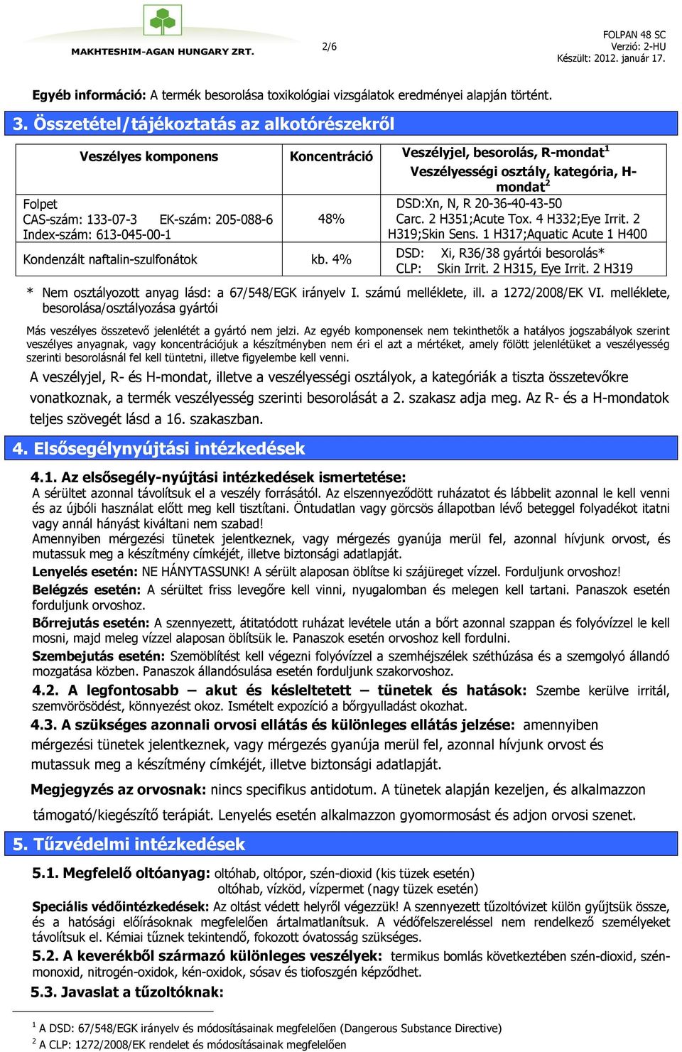 naftalin-szulfonátok kb. 4% Veszélyességi osztály, kategória, H- mondat 2 DSD:Xn, N, R 20-36-40-43-50 Carc. 2 H351;Acute Tox. 4 H332;Eye Irrit. 2 H319;Skin Sens.