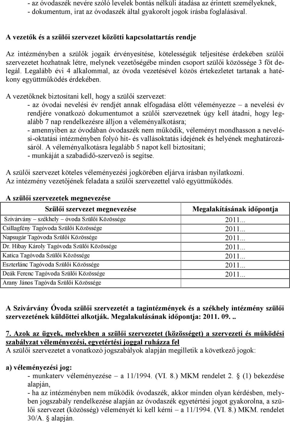 vezetőségébe minden csoport szülői közössége 3 főt delegál. Legalább évi 4 alkalommal, az óvoda vezetésével közös értekezletet tartanak a hatékony együttműködés érdekében.