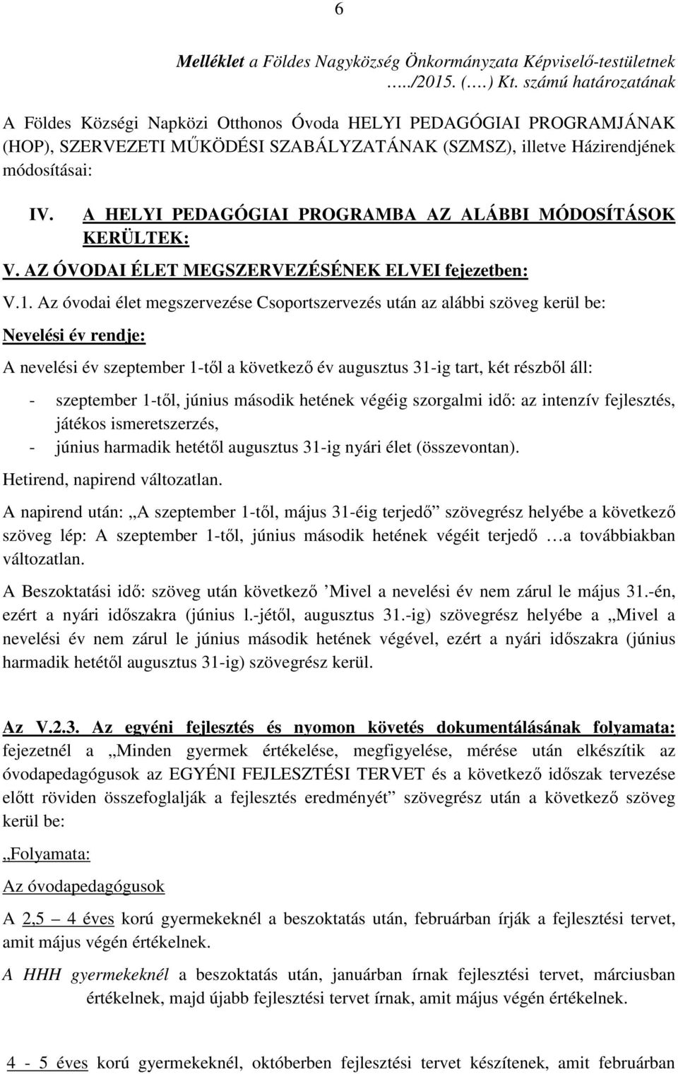 A HELYI PEDAGÓGIAI PROGRAMBA AZ ALÁBBI MÓDOSÍTÁSOK KERÜLTEK: V. AZ ÓVODAI ÉLET MEGSZERVEZÉSÉNEK ELVEI fejezetben: V.1.