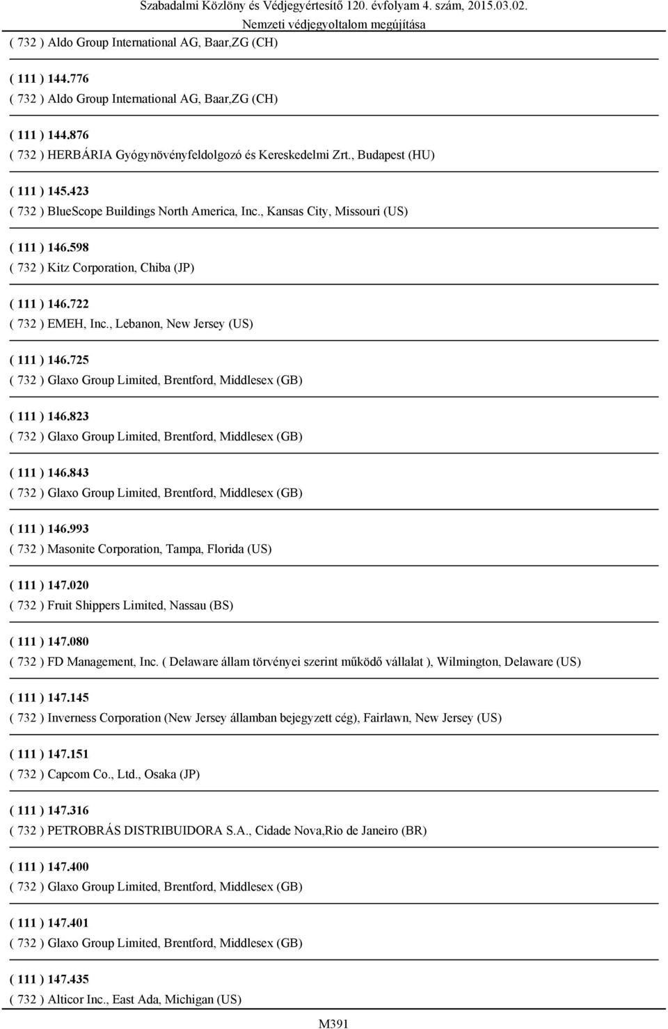 , Lebanon, New Jersey (US) ( 111 ) 146.725 ( 111 ) 146.823 ( 111 ) 146.843 ( 111 ) 146.993 ( 732 ) Masonite Corporation, Tampa, Florida (US) ( 111 ) 147.