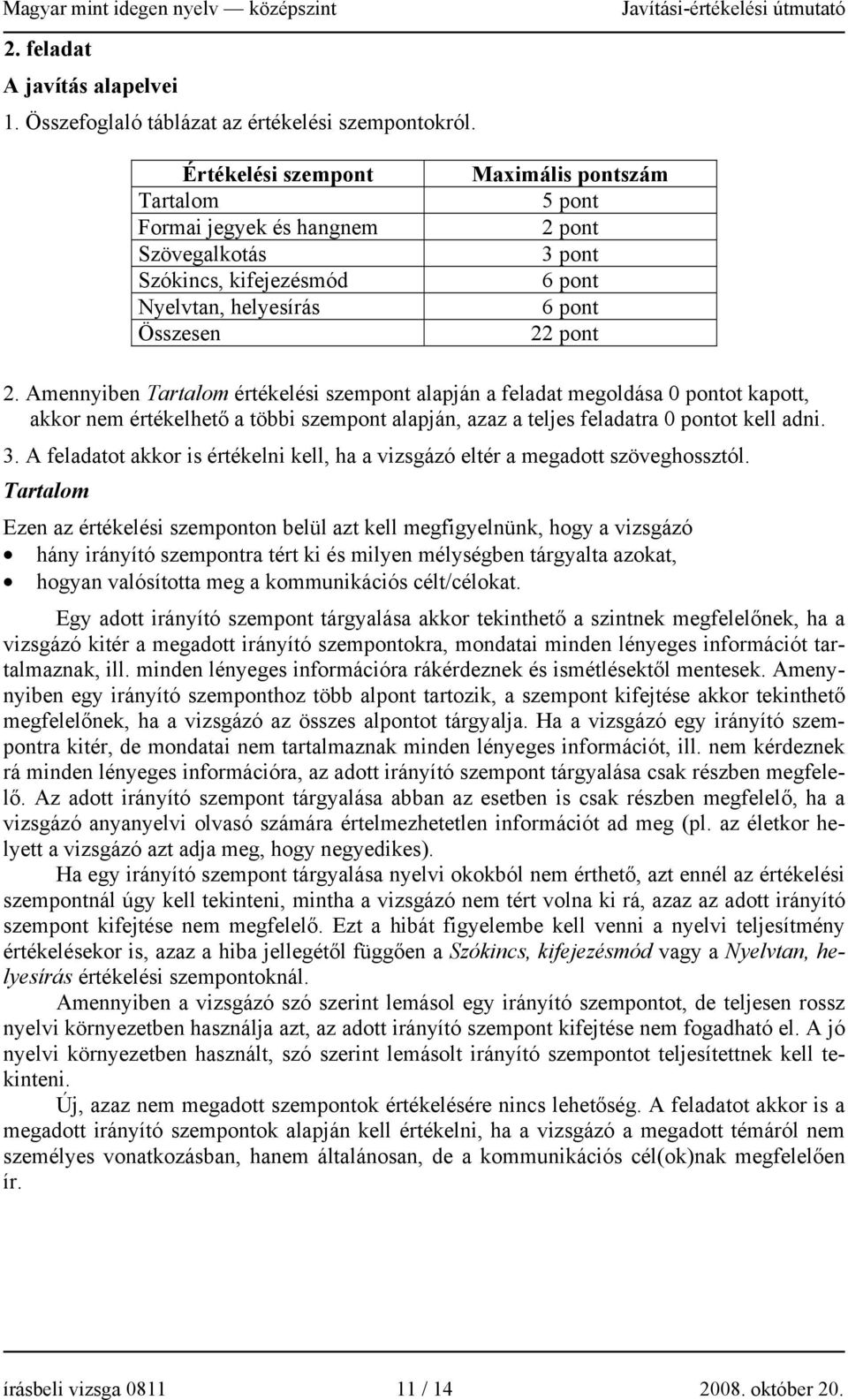 Amennyiben Tartalom értékelési szempont alapján a feladat megoldása 0 pontot kapott, akkor nem értékelhető a többi szempont alapján, azaz a teljes feladatra 0 pontot kell adni. 3.