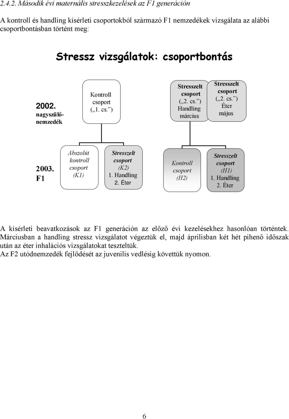 F1 Abszolút kontroll csoport (K1) Stresszelt csoport (K2) 1. Handling 2. Éter Kontroll csoport (H2) Stresszelt csoport (H1) 1. Handling 2. Éter A kísérleti beavatkozások az F1 generáción az előző évi kezelésekhez hasonlóan történtek.