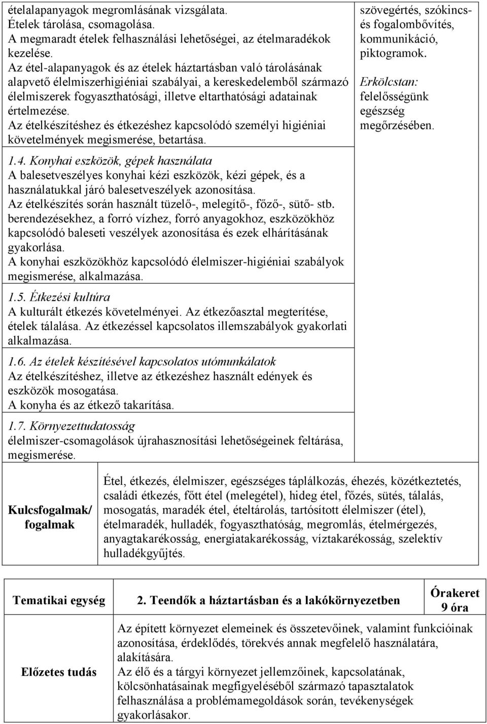 értelmezése. Az ételkészítéshez és étkezéshez kapcsolódó személyi higiéniai követelmények megismerése, betartása. 1.4.