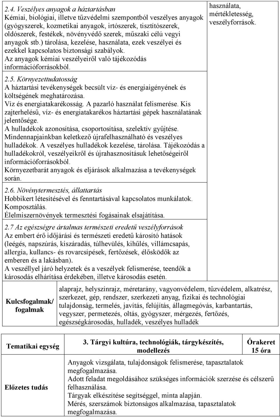 Az anyagok kémiai veszélyeiről való tájékozódás információforrásokból. 2.5. Környezettudatosság A háztartási tevékenységek becsült víz- és energiaigényének és költségének meghatározása.