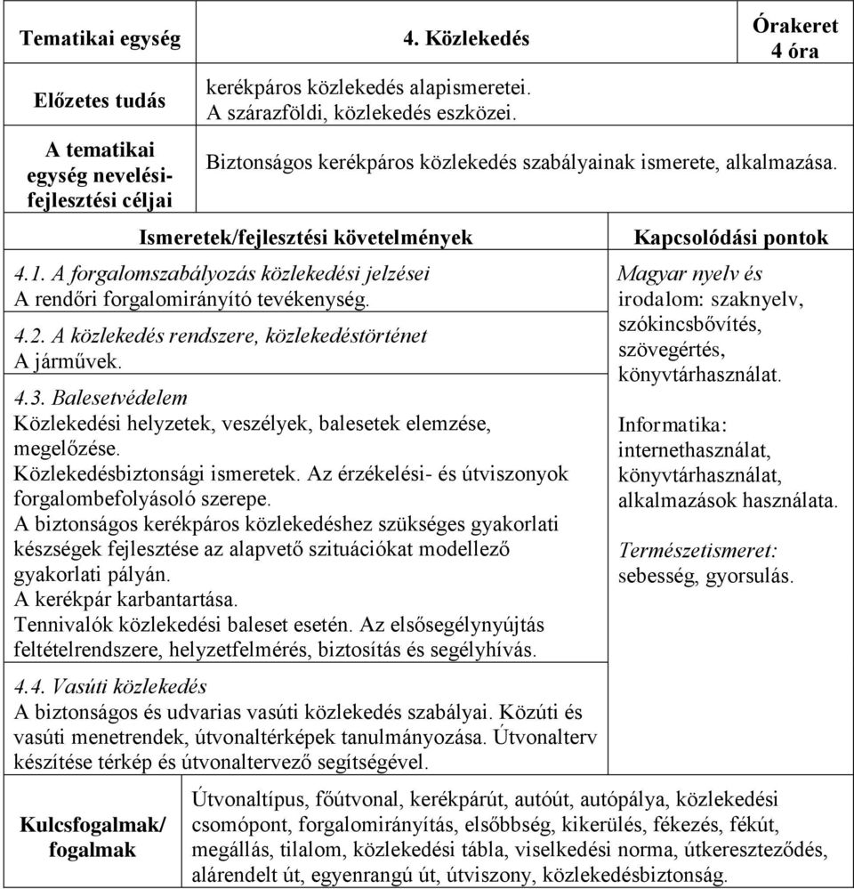 A közlekedés rendszere, közlekedéstörténet A járművek. 4.3. Balesetvédelem Közlekedési helyzetek, veszélyek, balesetek elemzése, megelőzése. Közlekedésbiztonsági ismeretek.