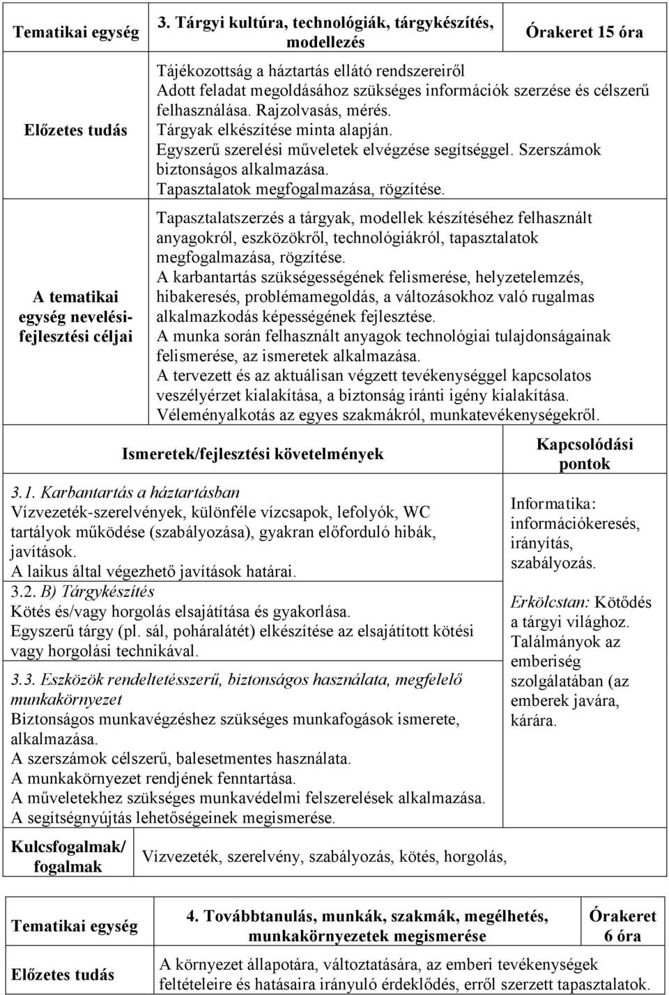 Rajzolvasás, mérés. Tárgyak elkészítése minta alapján. Egyszerű szerelési műveletek elvégzése segítséggel. Szerszámok biztonságos alkalmazása. Tapasztalatok megfogalmazása, rögzítése.