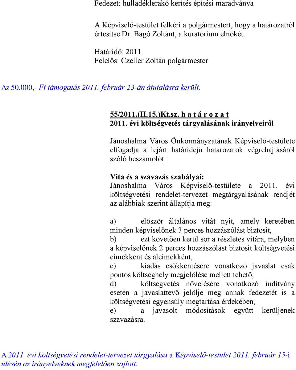 Vita és a szavazás szabályai: Jánoshalma Város Képviselő-testülete a 2011.