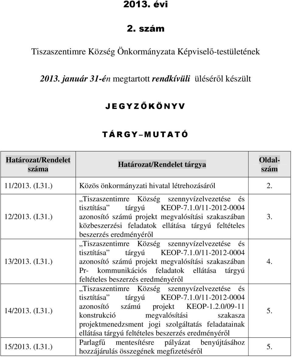12/2013. (I.31.) 13/2013. (I.31.) 14/2013. (I.31.) 15/2013. (I.31.) Tiszaszentimre Község szennyvízelvezetése és tisztítása tárgyú KEOP-7.1.0/11-2012-0004 azonosító számú projekt megvalósítási