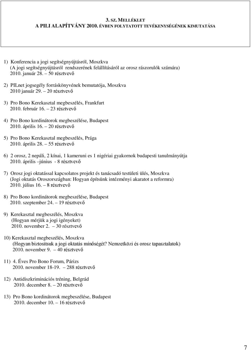 50 résztvevő 2) PILnet jogsegély forráskönyvének bemutatója, Moszkva 2010 január 29. 20 résztvevő 3) Pro Bono Kerekasztal megbeszélés, Frankfurt 2010. február 16.