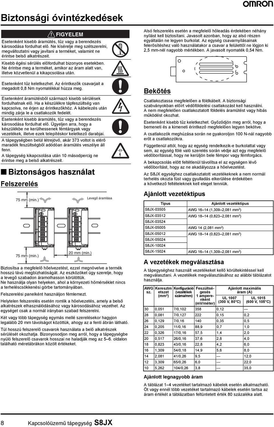 Ne érintse meg a terméket, amikor az áram alatt van, illetve közvetlenül a kikapcsolása után. Esetenként tűz keletkezhet. Az érintkezők csavarjait a megadott 0,8 Nm nyomatékkal húzza meg.