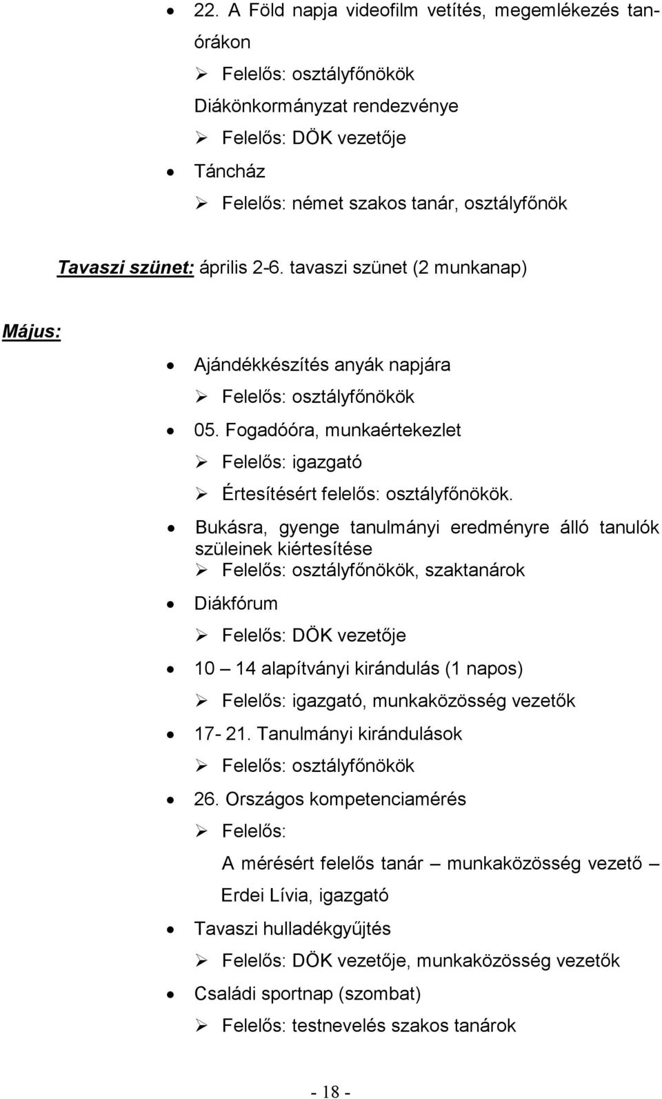 Bukásra, gyenge tanulmányi eredményre álló tanulók szüleinek kiértesítése Felelős: osztályfőnökök, szaktanárok Diákfórum Felelős: DÖK vezetője 10 14 alapítványi kirándulás (1 napos), munkaközösség