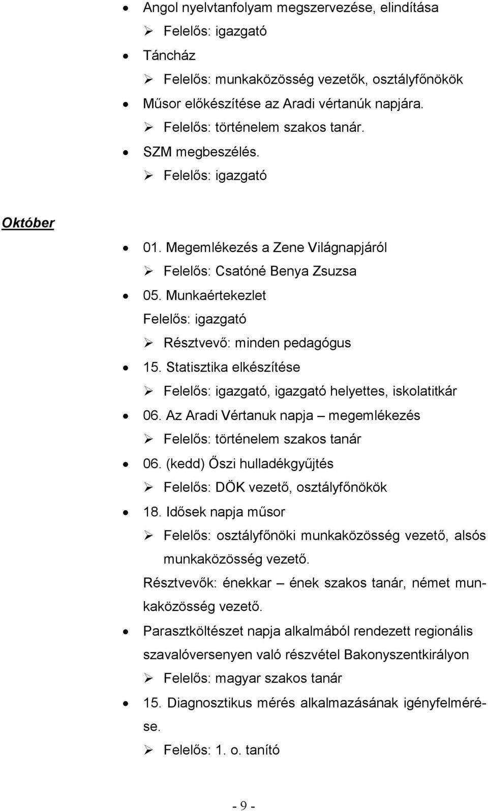 Statisztika elkészítése, igazgató helyettes, iskolatitkár 06. Az Aradi Vértanuk napja megemlékezés Felelős: történelem szakos tanár 06.