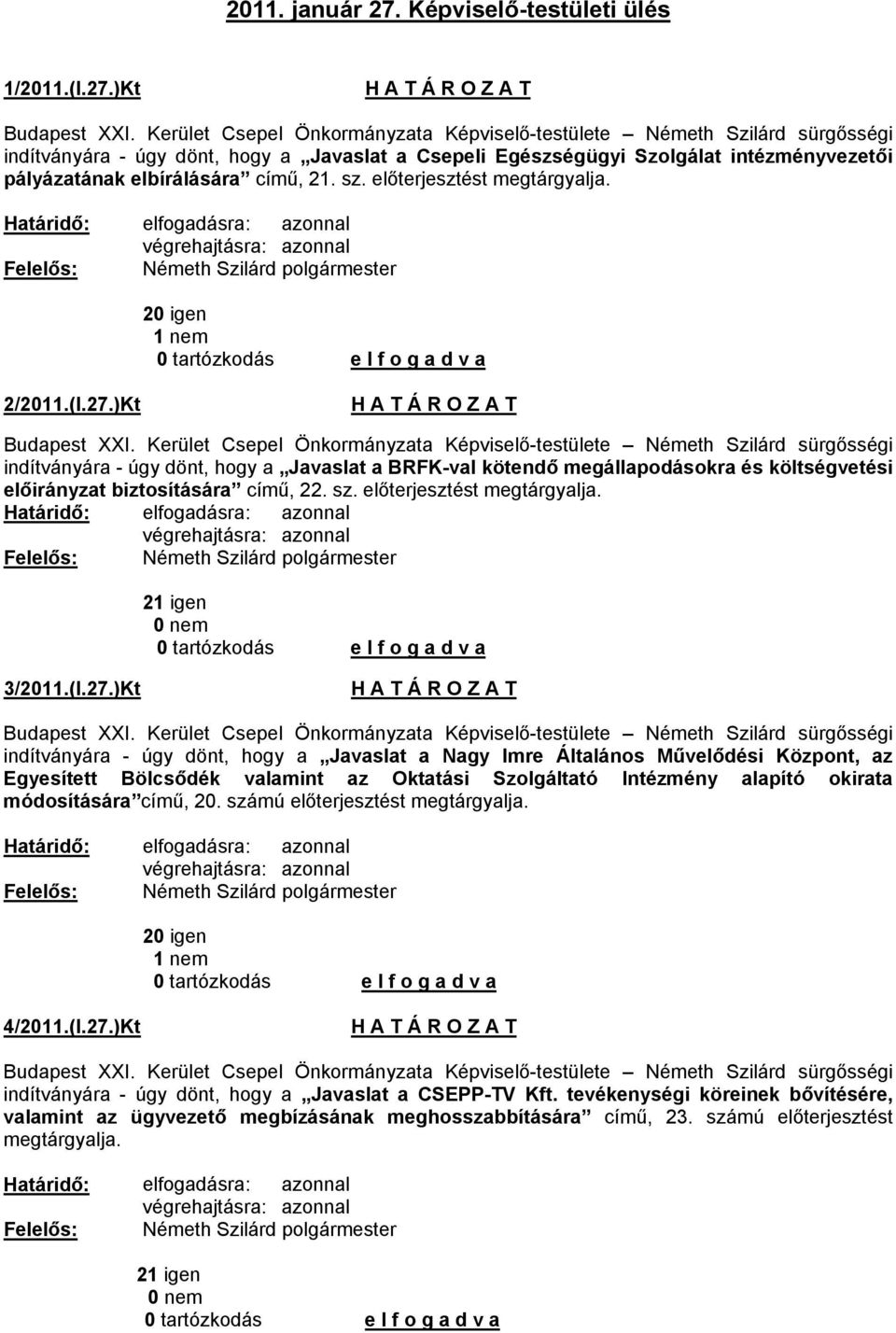 21. sz. előterjesztést megtárgyalja. 20 igen 1 nem 2/2011.(I.27.)Kt Budapest XXI.