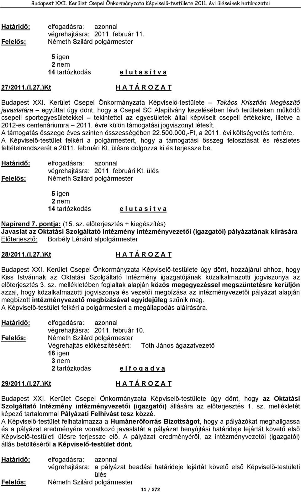 tekintettel az egyesületek által képviselt csepeli értékekre, illetve a 2012-es centenáriumra 2011. évre külön támogatási jogviszonyt létesít. A támogatás összege éves szinten összességében 22.500.