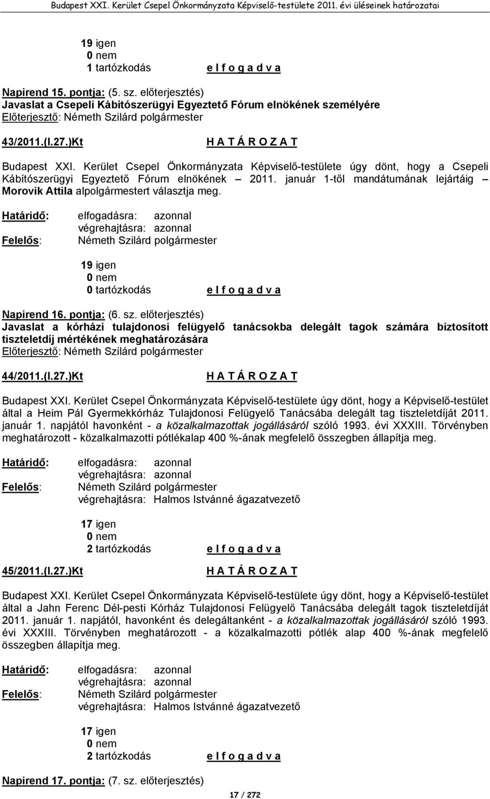 január 1-től mandátumának lejártáig Morovik Attila alpolgármestert választja meg. 19 igen Napirend 16. pontja: (6. sz.