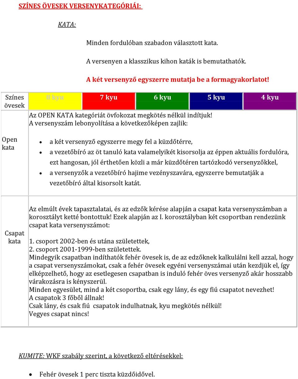 A versenyszám lebonyolítása a következőképen zajlik: Open kata a két versenyző egyszerre megy fel a küzdőtérre, a vezetőbíró az öt tanuló kata valamelyikét kisorsolja az éppen aktuális fordulóra, ezt