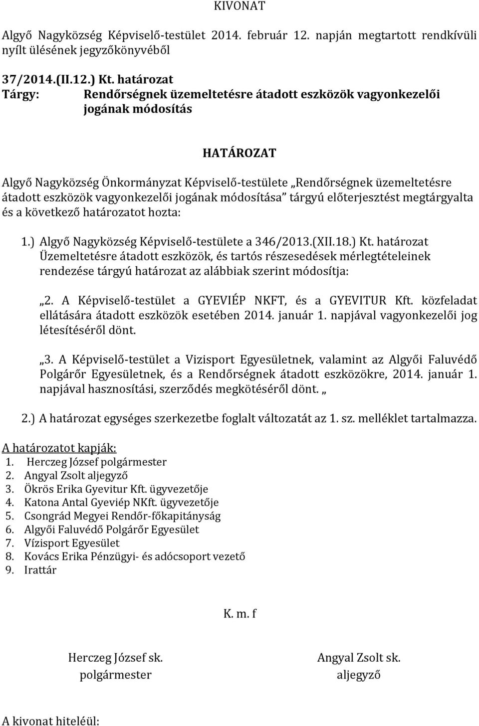 vagyonkezelői jogának módosítása tárgyú előterjesztést megtárgyalta és a következő határozatot hozta: 1.) Algyő Nagyközség Képviselő-testülete a 346/2013.(XII.18.) Kt.