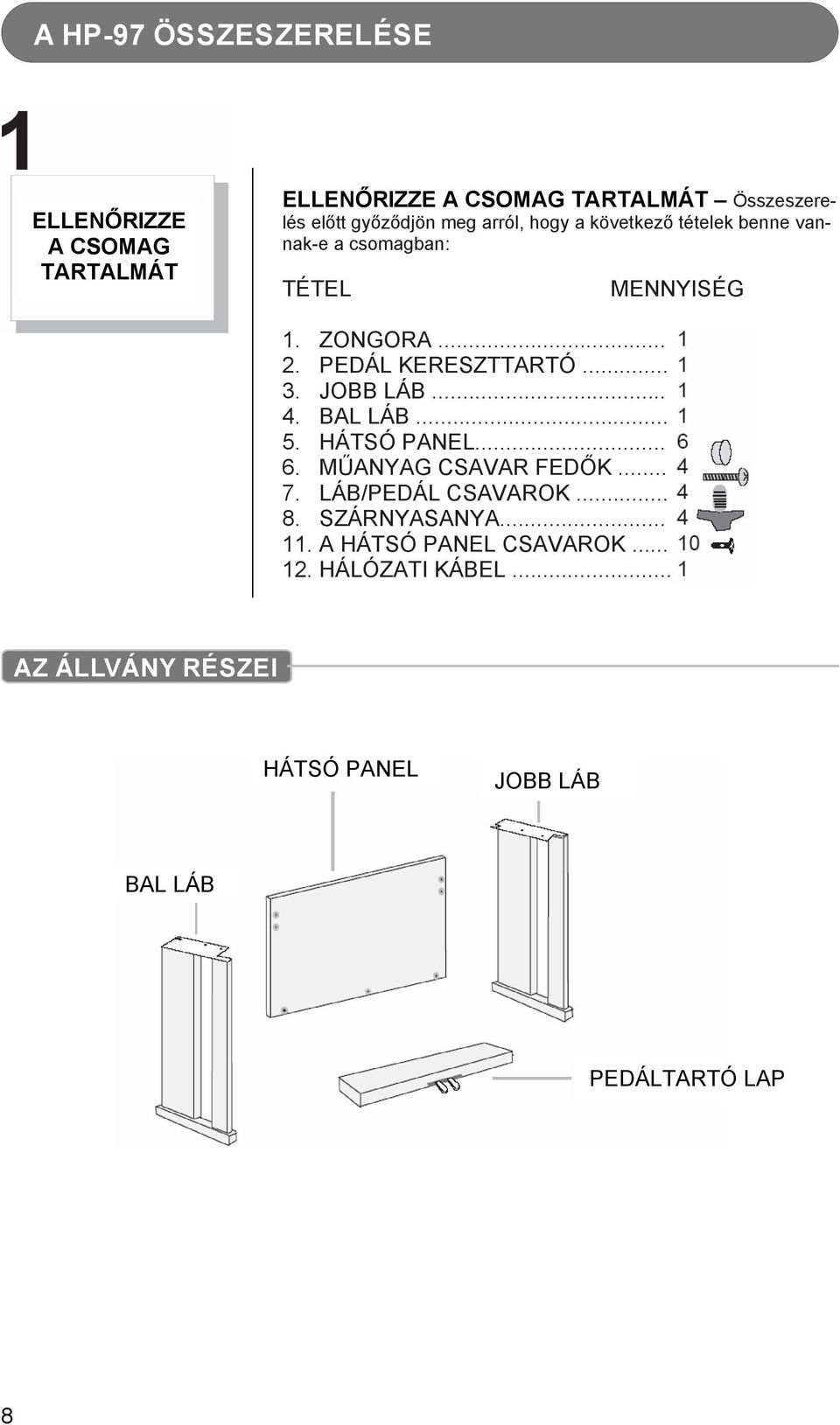 .. 3. JOBB LÁB... 4. BAL LÁB... 5. HÁTSÓ PANEL... 6. MŰANYAG CSAVAR FEDŐK... 7. LÁB/PEDÁL CSAVAROK... 8.